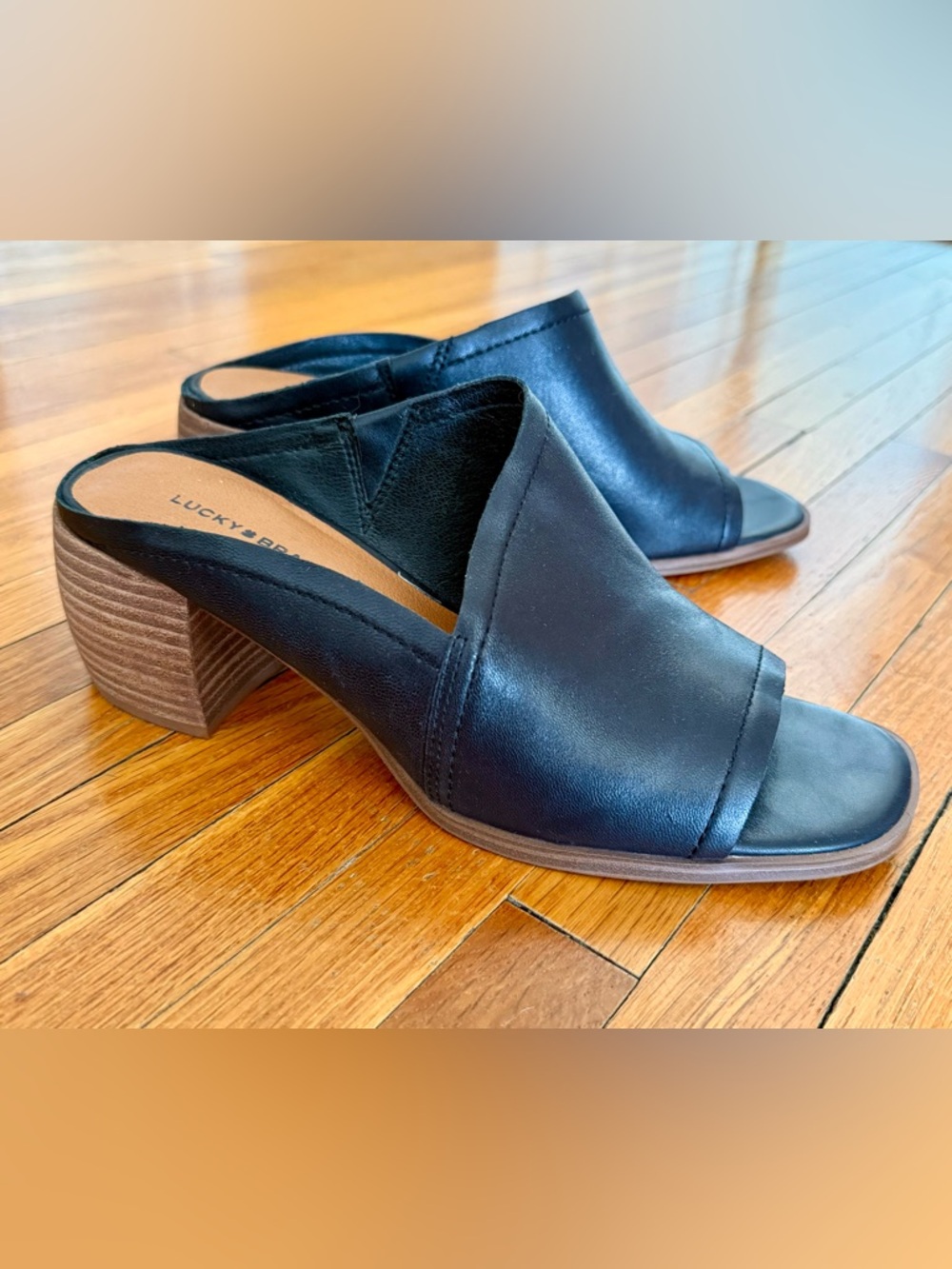 Lucky Brand “Jemie” Black Open-Toe Leather Mule Heels - Picture 2 of 4
